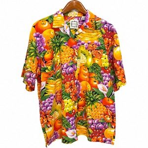VTG Mixed Blues Womens Medium Tropical Fruit Print Cotton Shirt Short Sleeve